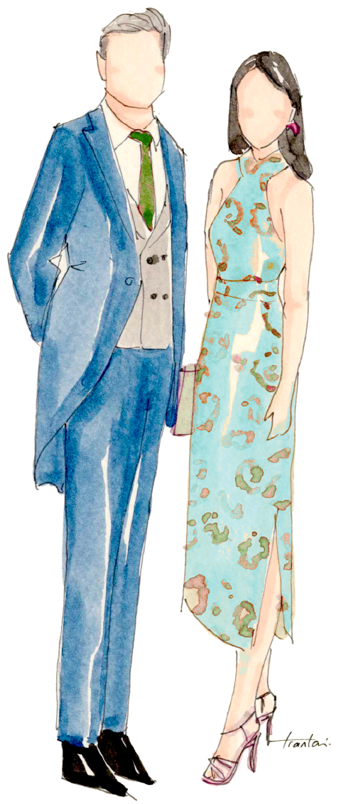 Ilustración de pareja pintada a mano en acuarela con estilo elegante como recuerdo artístico personalizado para boda