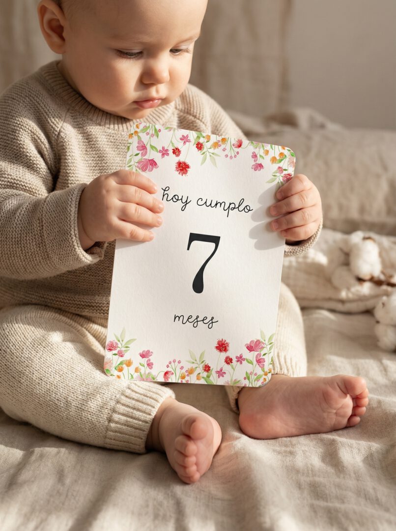 Bebé sujetando una tarjeta cumplemés con ilustración floral y número 7