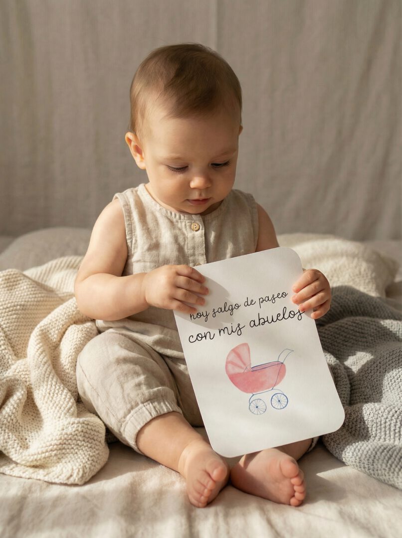 Bebé sosteniendo tarjeta de hitos ilustrada con carrito en acuarela y mensaje caligráfico sobre primer paseo con los abuelos