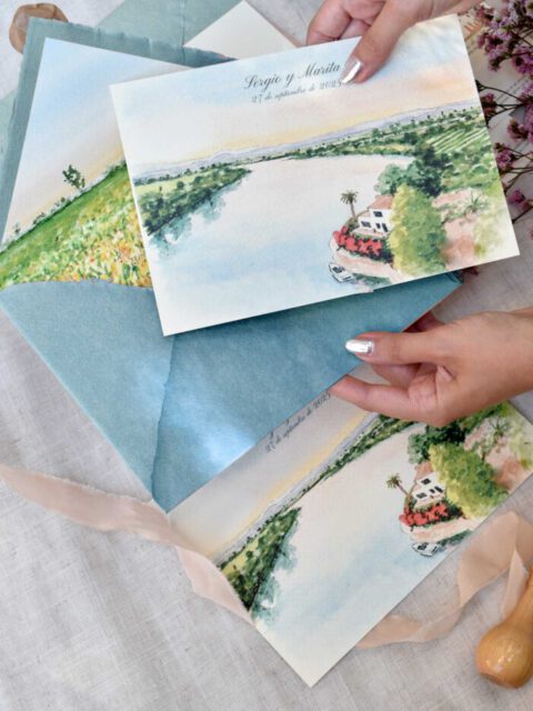 Colección de láminas personalizadas con ilustraciones de paisajes pintadas a mano en acuarela como regalo artesanal único