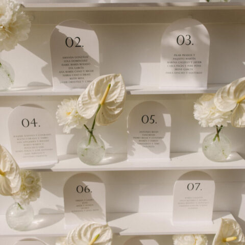 Conjunto de tarjetas de mesa numeradas con diseño minimalista y elegante para seating plan de boda decoradas con peonías blancas