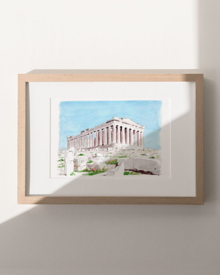 Lámina ilustrada de Atenas pintada en acuarela a mano con el Partenón sobre la Acrópolis rodeado de vegetación y cielo luminoso