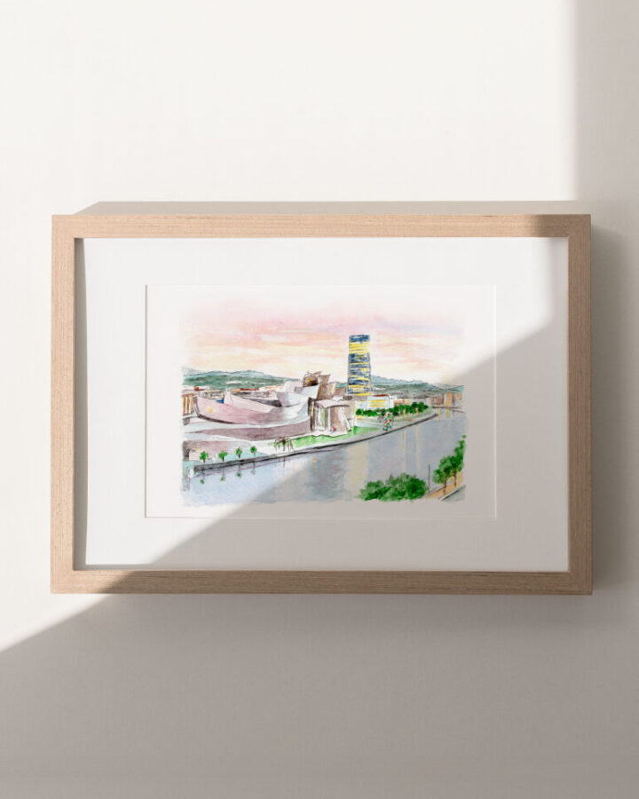 Lámina artesanal en acuarela de Bilbao con el Museo Guggenheim, la Torre Iberdrola y la ría del Nervión al atardecer