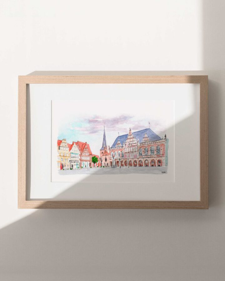 Lámina ilustrada de la ciudad de Bremen pintada en acuarela a mano con la plaza del mercado, el ayuntamiento y la catedral en estilo artístico