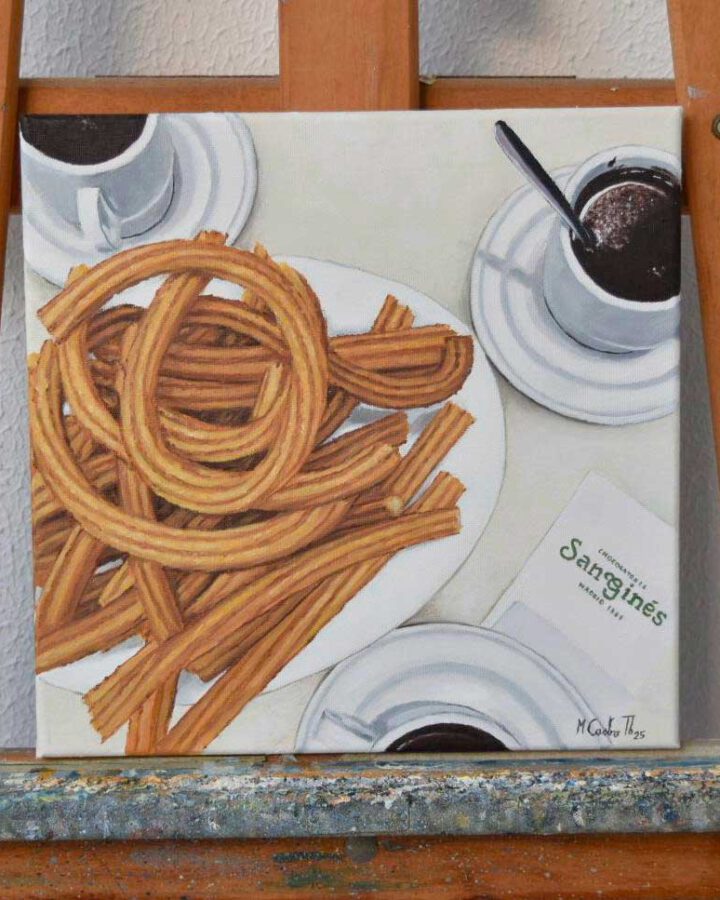 Ilustración en acuarela de churros con chocolate de la chocolatería San Ginés de Madrid pintada a mano con estilo artesanal