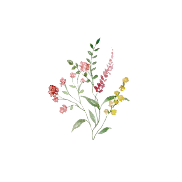 Composición floral pintada a mano en acuarela con ramas silvestres en tonos rosados morados y verdes para papelería nupcial