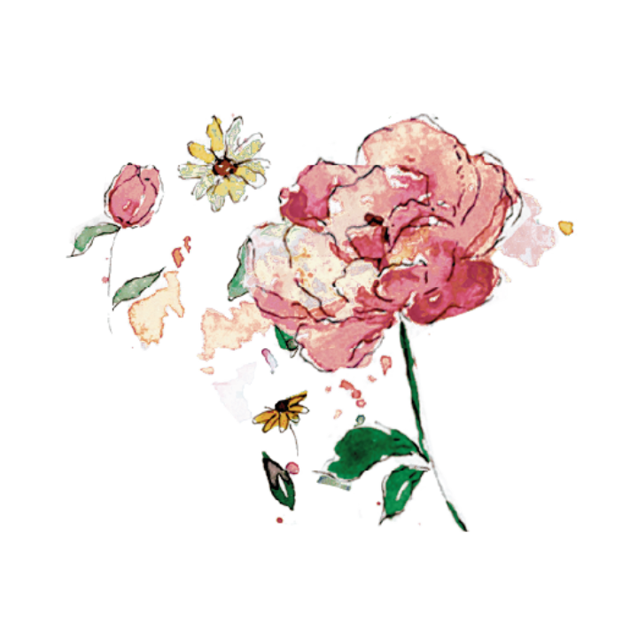 Ilustración en acuarela de ramo con peonía rosa grande, pequeñas flores rojas y hojas verdes oscuras, icono decorativo de la colección Frida