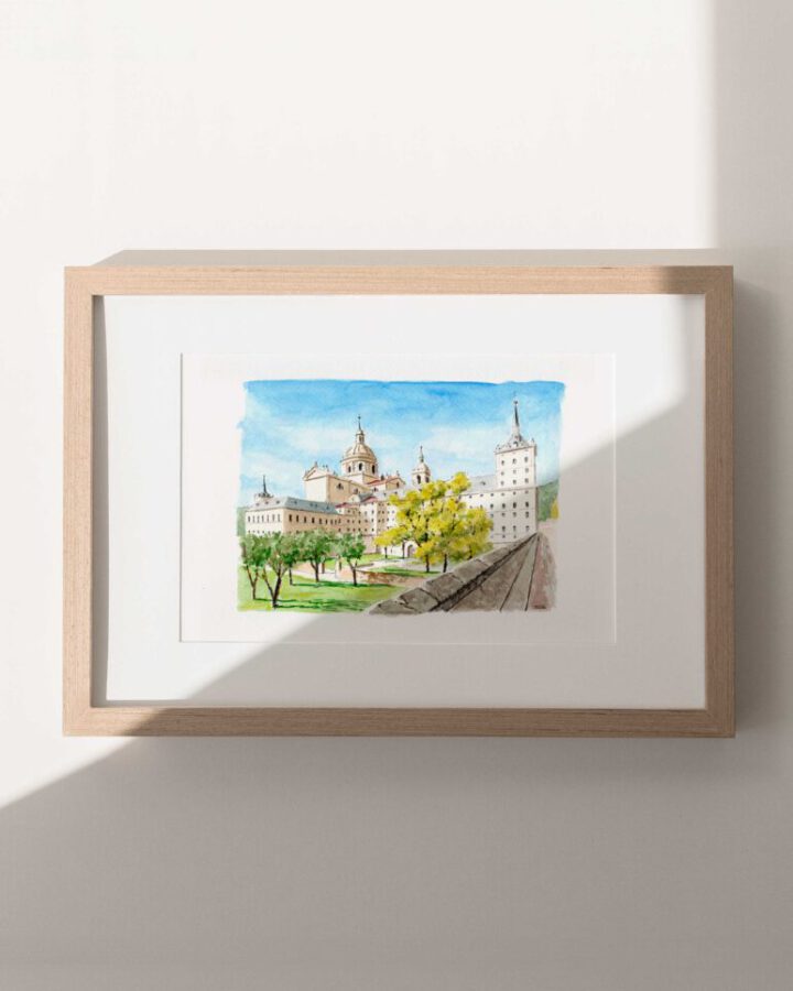 Lámina artesanal en acuarela del Real Monasterio de El Escorial con sus cúpulas, torres, fachada de granito y arboleda