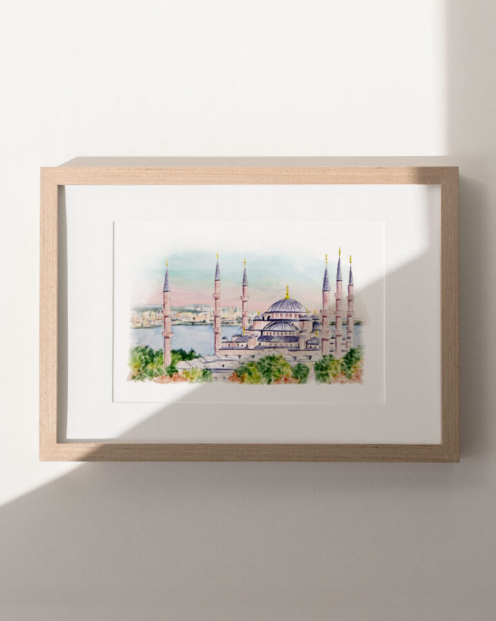 Ilustración en acuarela de Estambul con la Mezquita Azul, su gran cúpula central y los seis minaretes rodeados de jardines