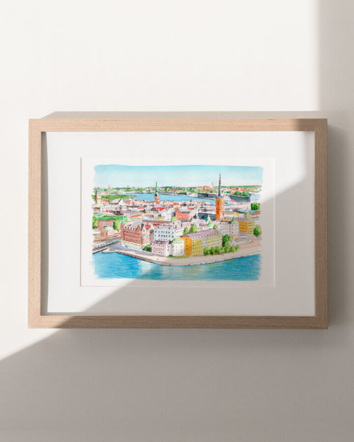 Ilustración en acuarela de Estocolmo con la isla de Gamla Stan, sus edificios coloridos y las aguas del archipiélago sueco