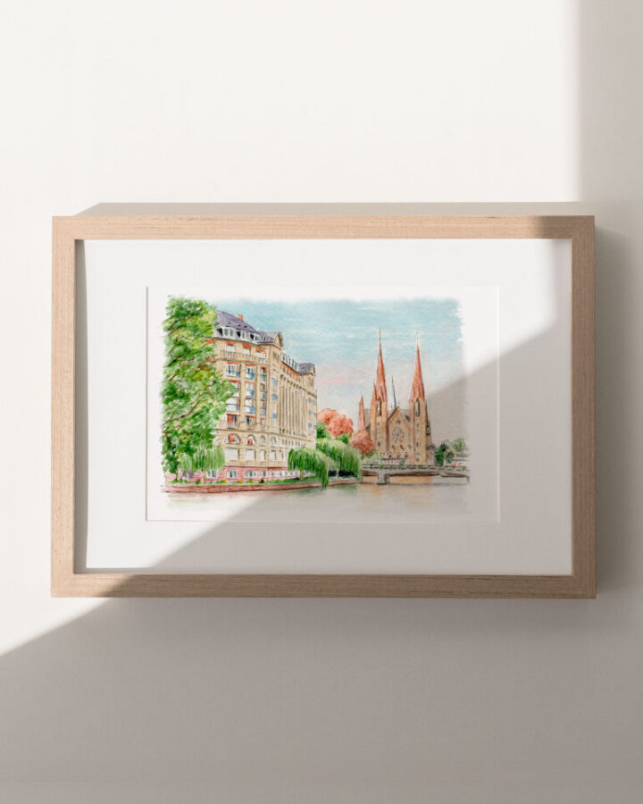 Ilustración en acuarela de Estrasburgo con las agujas góticas de la iglesia de San Pablo y los edificios alsacianos junto al canal