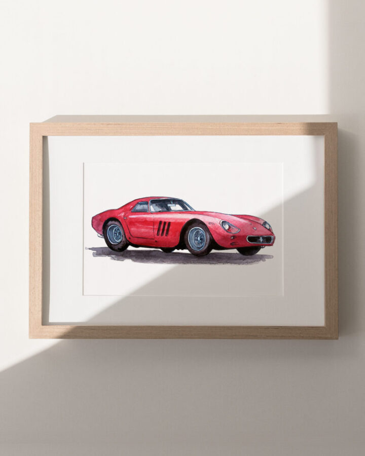 Lamina enmarcada con ilustracion artesanal de un Ferrari 250 GTA en vista lateral dibujado a mano con tecnica mixta de acuarela