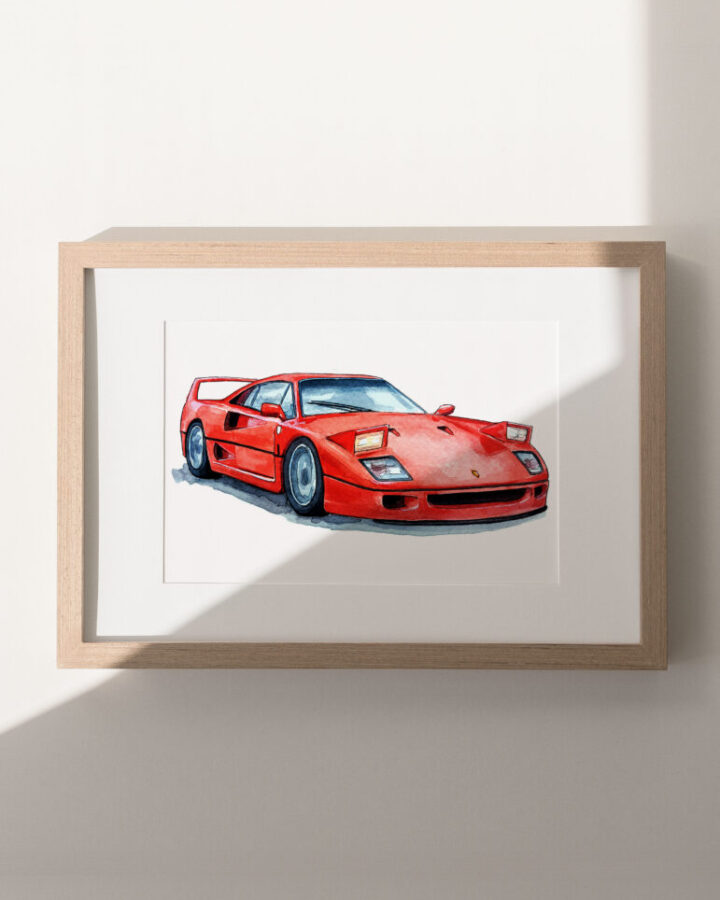 Lamina enmarcada con ilustracion artesanal de un Ferrari F40 en perspectiva frontal lateral dibujada a mano con acuarela y tinta