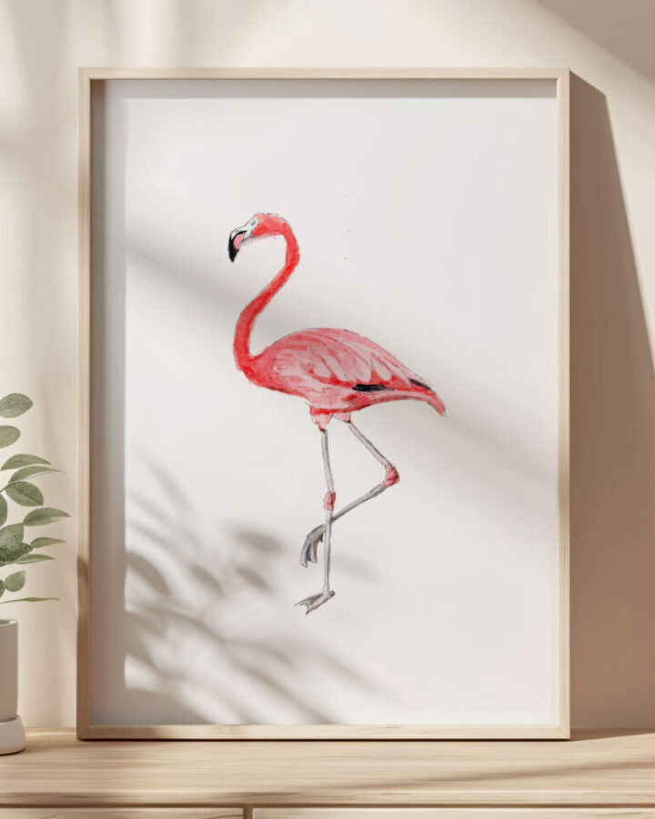 Ilustración artística de flamenco rosa pintado en acuarela sobre fondo neutro enmarcada en marco de madera natural para decoración