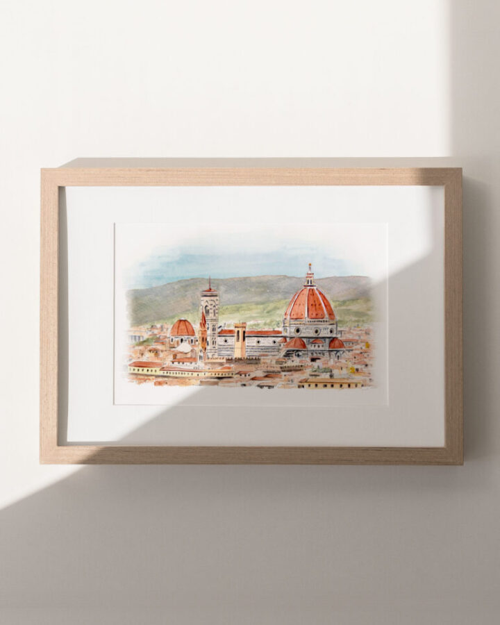 Ilustración en acuarela de Florencia con la cúpula de Brunelleschi, el campanario de Giotto y los tejados de la ciudad toscana