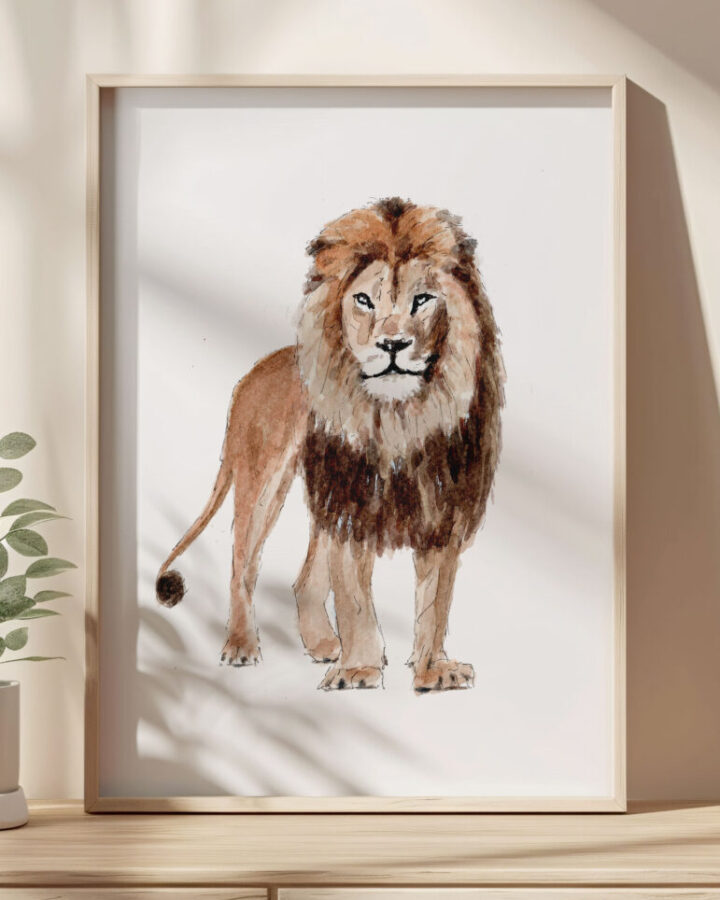 Lámina enmarcada con ilustración majestuosa de un león pintado a mano en acuarela con melena dorada sobre papel premium