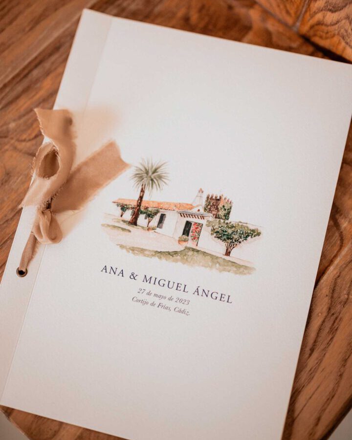 Libro de testigos para boda con portada personalizada e ilustración del lugar de celebración pintada en acuarela a mano