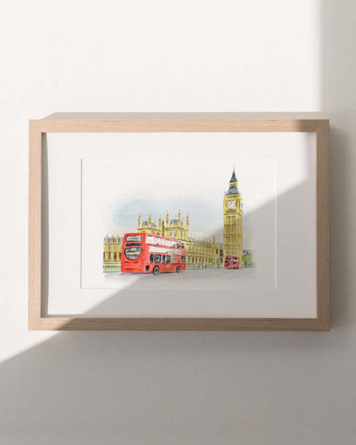 Ilustración en acuarela de Londres con el Big Ben, el Palacio de Westminster y un autobús rojo de dos pisos en primer plano