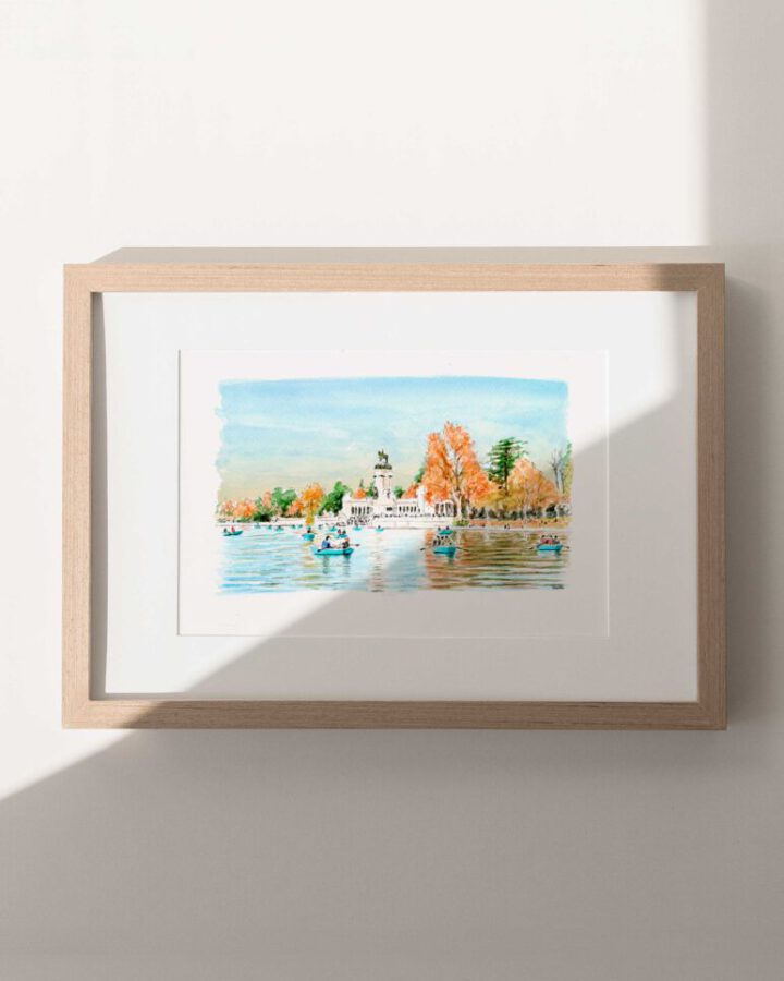 Lámina artesanal en acuarela del Retiro de Madrid con el estanque, barcas, el monumento a Alfonso XII y árboles otoñales
