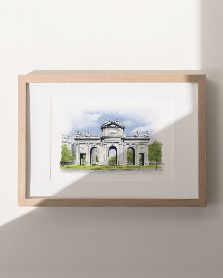 Lámina artesanal en acuarela de la Puerta de Alcalá de Madrid con sus arcos neoclásicos, esculturas y arboleda circundante