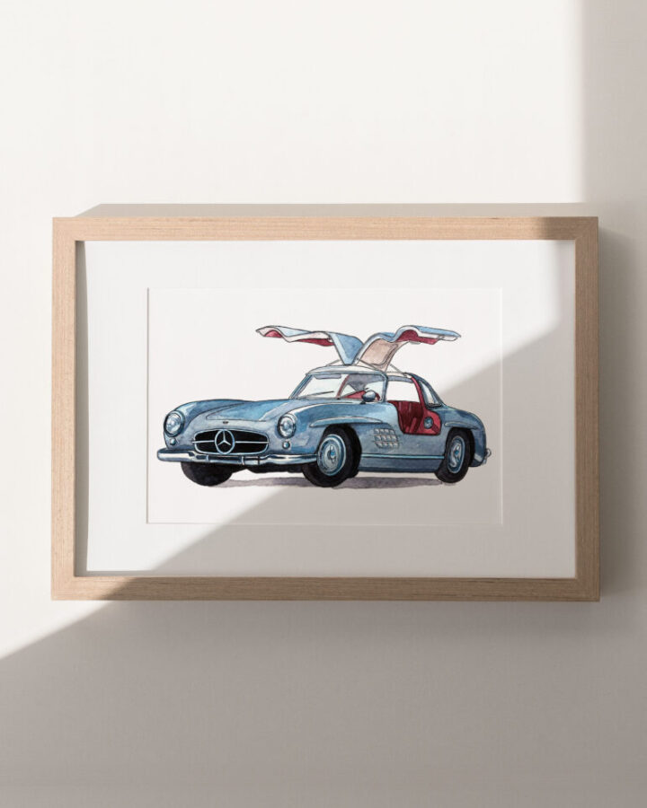 Lamina enmarcada con ilustracion artesanal de un Mercedes 300 SL Alas de Gaviota en vista frontal lateral pintada a mano