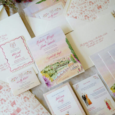 Conjunto completo de papelería nupcial para destination wedding con invitación, RSVP, welcome party y sobre con forro ilustrado en acuarela