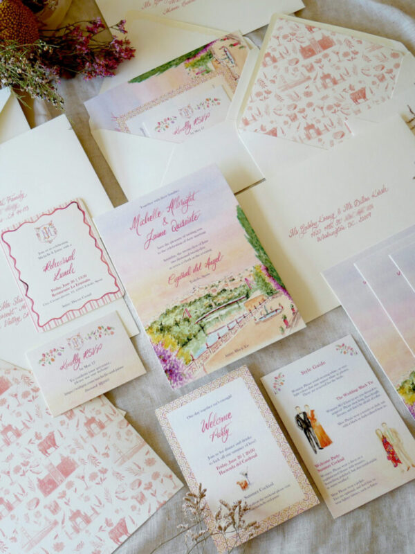 Conjunto completo de papelería nupcial para destination wedding con invitación, RSVP, welcome party y sobre con forro ilustrado en acuarela