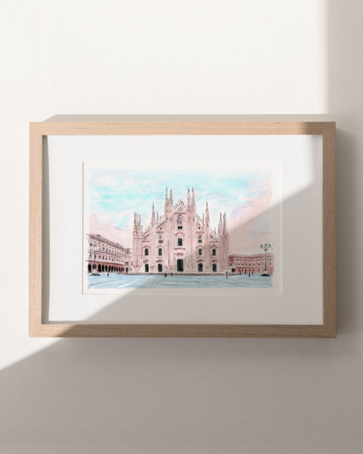 Ilustración en acuarela de Milán con la catedral del Duomo y su fachada gótica de mármol blanco en la plaza principal
