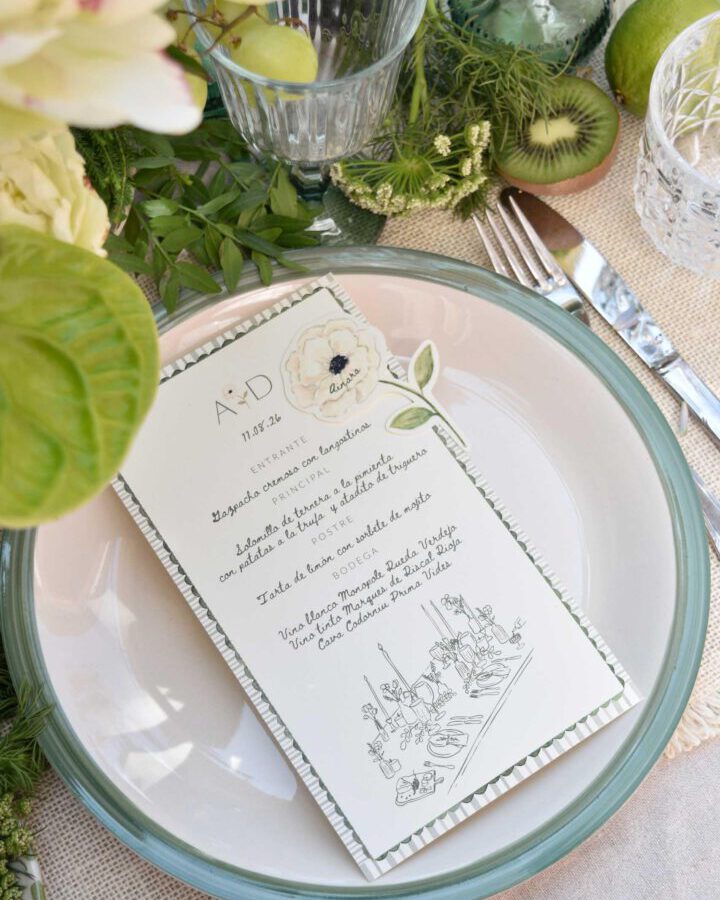 Minuta de boda personalizada con ilustración de anémona pintada en acuarela a mano, tipografía caligráfica y borde geométrico