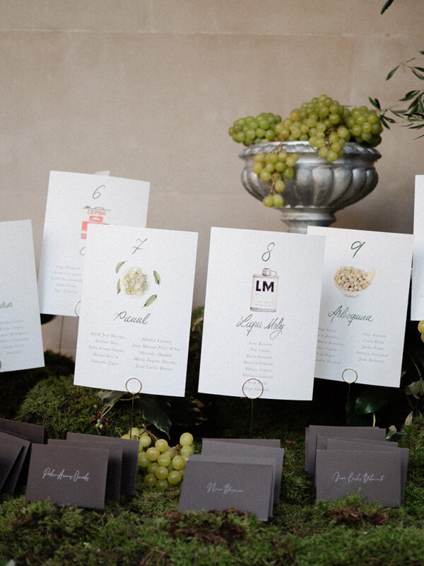 Conjunto completo de tarjetas de seating plan para boda con ilustraciones personalizadas de aceites y aceitunas pintadas en acuarela