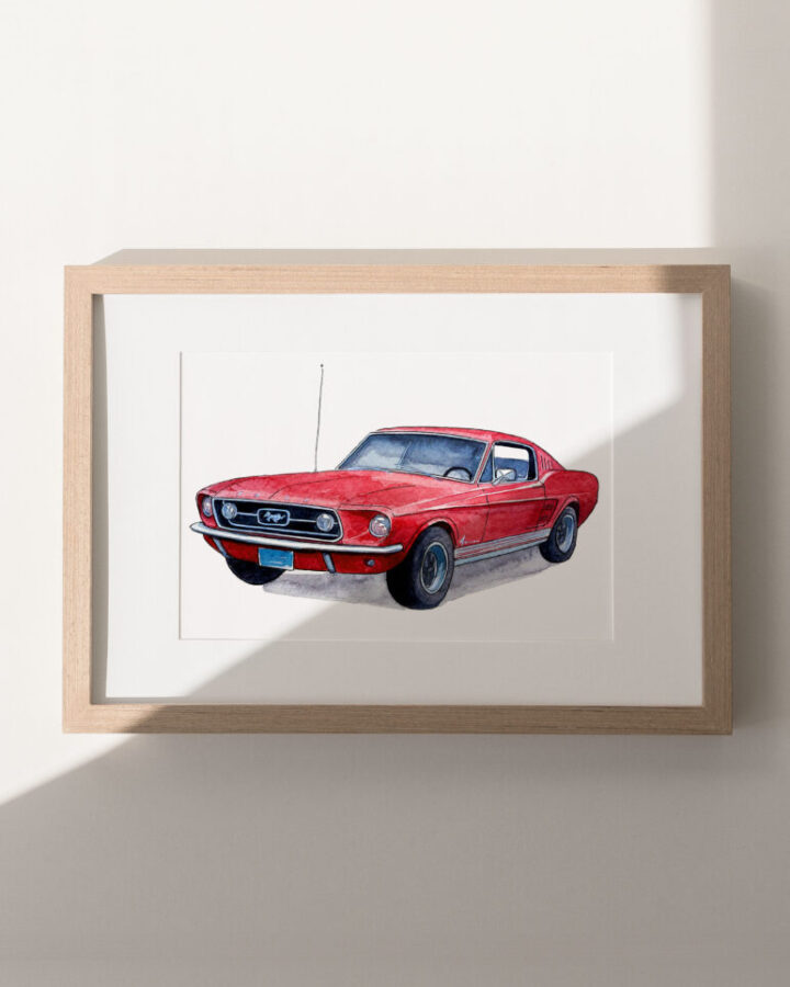 Lamina enmarcada con ilustracion artesanal de un Ford Mustang 1967 en vista frontal lateral dibujada a mano con tecnica mixta