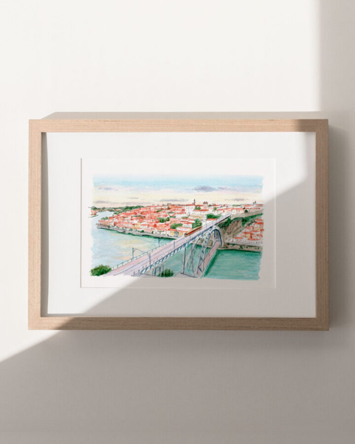 Ilustración en acuarela de Oporto con el puente Dom Luís I sobre el río Duero y las casas coloridas de la Ribeira