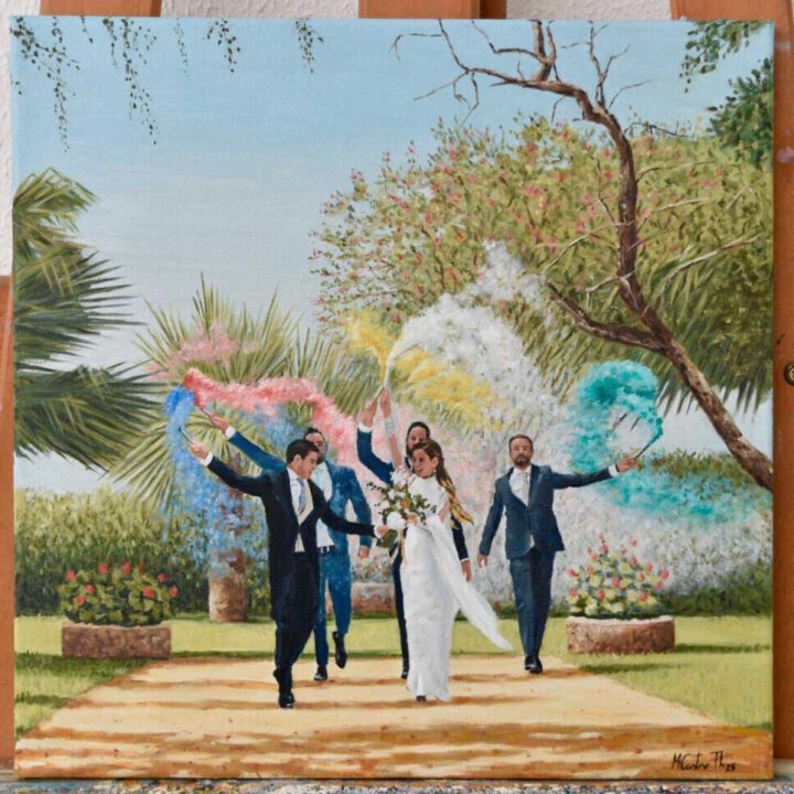 Acuarela artesanal de escena primaveral en jardín con árboles en flor y figuras paseando entre vegetación colorida