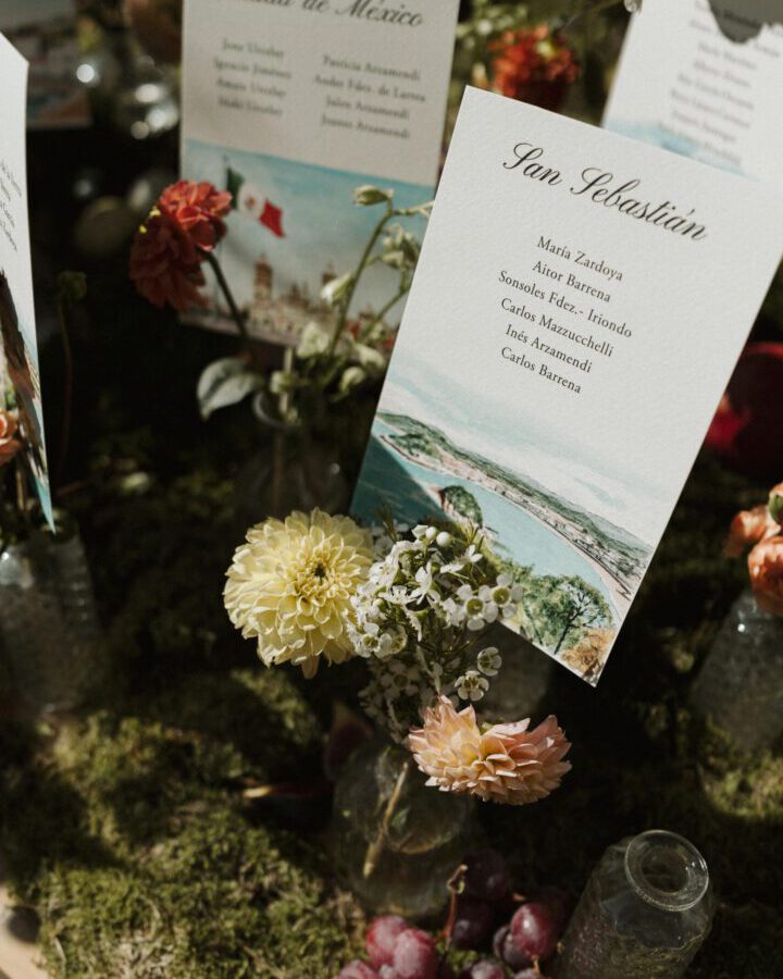 Meseros de boda con ilustraciones de ciudades en acuarela presentados entre flores naturales y vajilla elegante en mesa de banquete