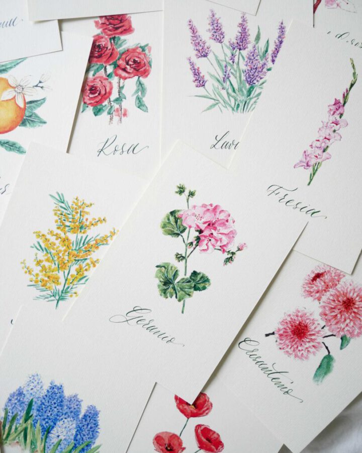 Portada del seating plan de boda coleccion Flores mostrando tarjetas individuales con ilustraciones de flores silvestres pintadas a mano en acuarela como rosa lavanda fresia geranio y gladiolo con sus nombres en caligrafia