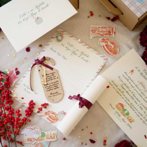 Conjunto completo de cajita mágica de Reyes Magos con carta personalizada, pergamino enrollado, llave de madera y diploma artesanal