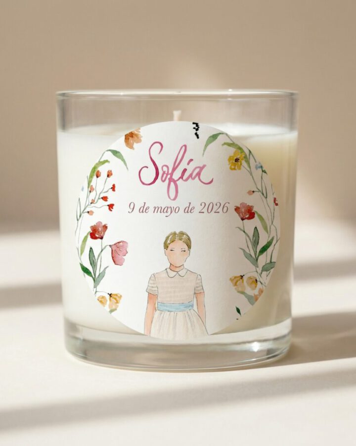 Pegatina circular niña acuarela primera comunion Frida