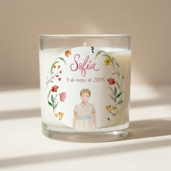 Pegatina circular niña acuarela primera comunion Frida