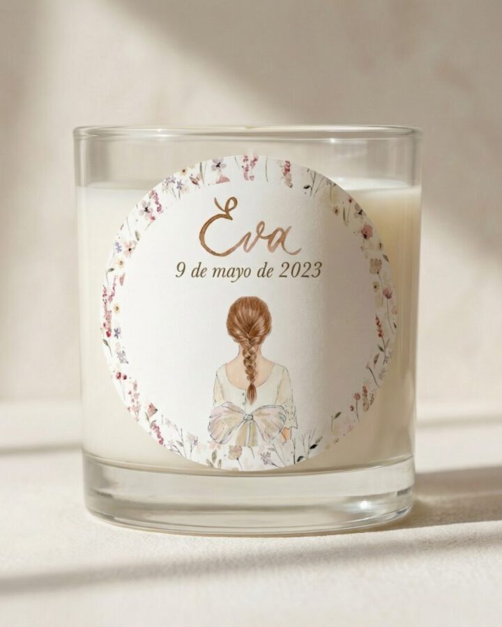 Pegatina circular niña acuarela primera comunion