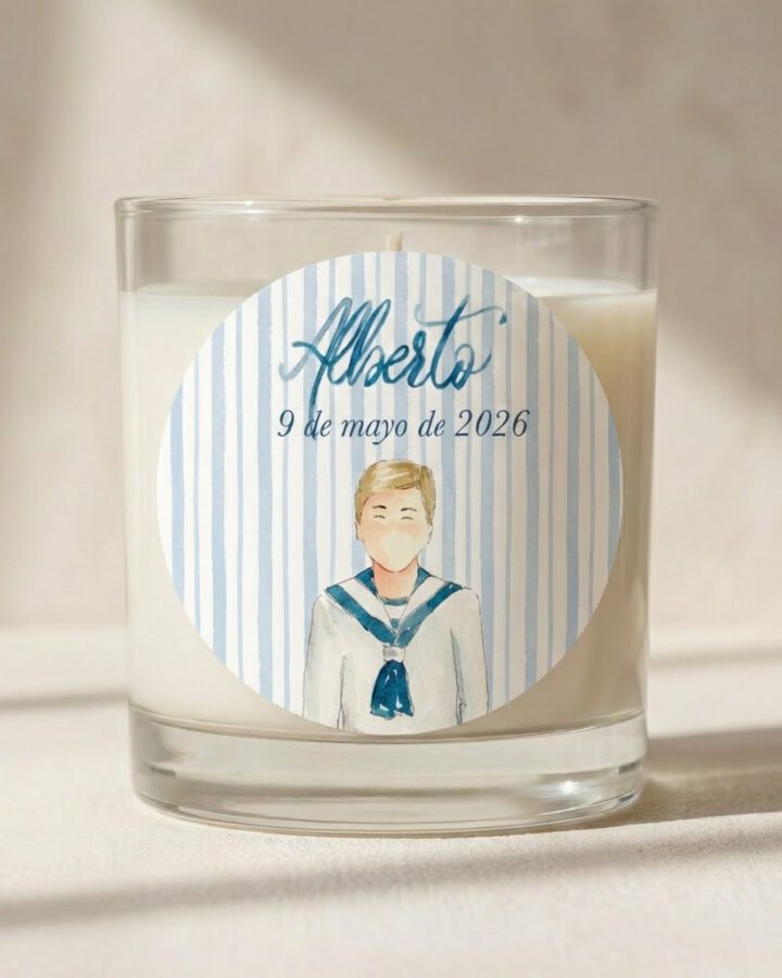 Pegatina modelo marino con rayas azules con niño pintado de comunion en acuarela mi primera comunion