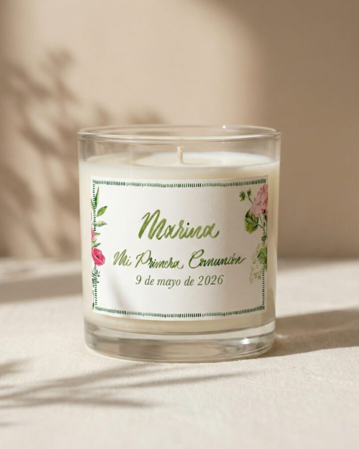 Pegatina rectangular primera comunion personalizada en acuarela