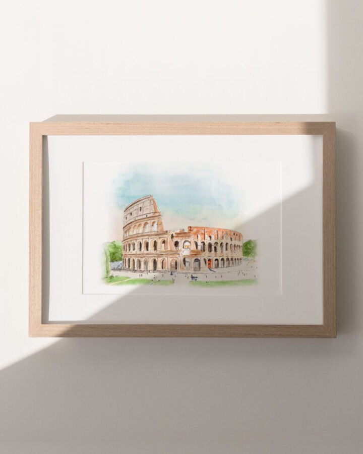 Ilustración en acuarela de Roma con el Coliseo y sus arcadas monumentales rodeado de vegetación bajo un cielo azul luminoso