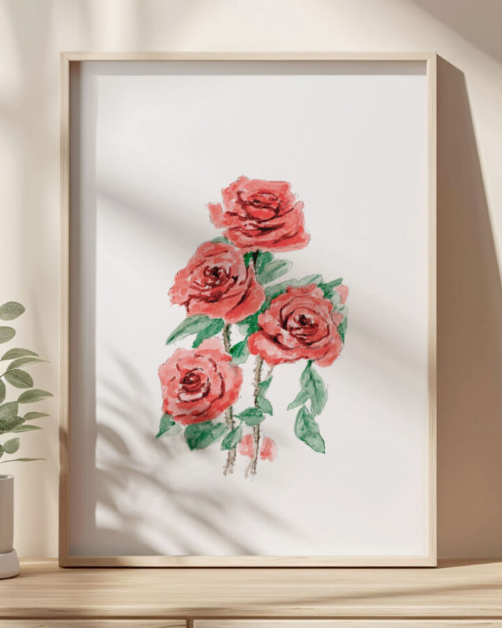 Ilustración de rosas rojas y rosadas pintadas en acuarela a mano presentada en marco blanco como lámina decorativa floral