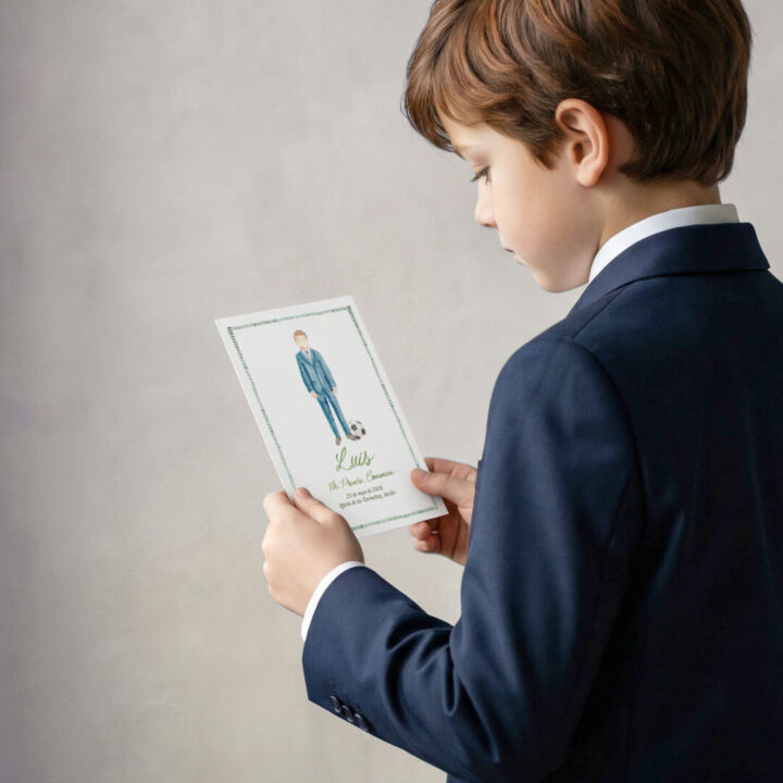 Recordatorio modelo futbol elegante con niño pintado de comunion en acuarela mi primera comunion