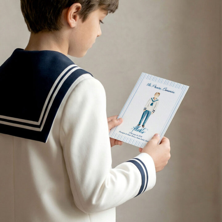 Recordatorio modelo marino con rayas azules elegante con niño pintado de comunion en acuarela mi primera comunion