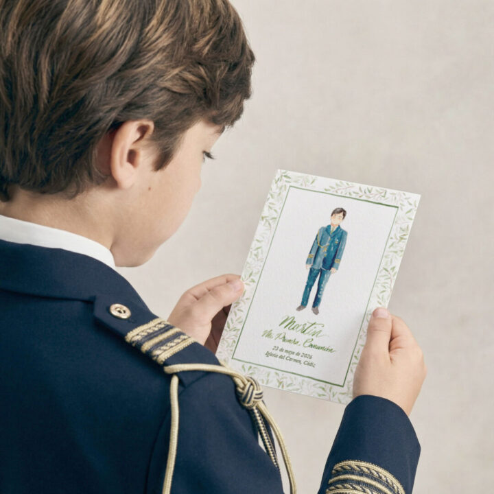 Recordatorio modelo natura elegante con niño pintado de comunion en acuarela mi primera comunion hojas verdes