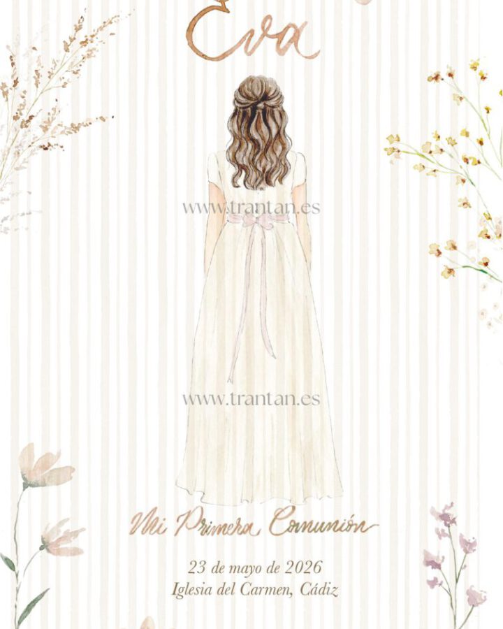 Recordatorio niña acuarela primera comunion elegante dibujo