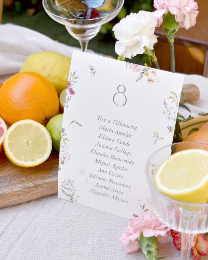 Seating plan boda estilo vichy con ilustraciones de limones y flores pintadas a mano en acuarela y nombres en caligrafía elegante
