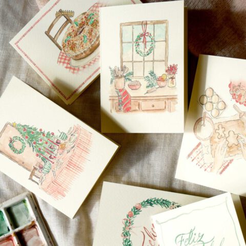 Composición de christmas navideños con ilustraciones en acuarela de coronas regalos y motivos festivos pintados a mano