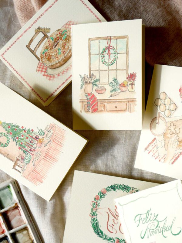 Composición de christmas navideños con ilustraciones en acuarela de coronas regalos y motivos festivos pintados a mano